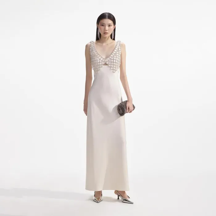 Cream Satin Diamante Bralette Maxi Dress Women Self Portrait Dresses