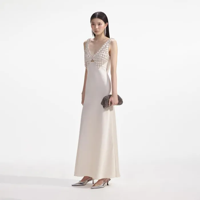 Cream Satin Diamante Bralette Maxi Dress Women Self Portrait Dresses