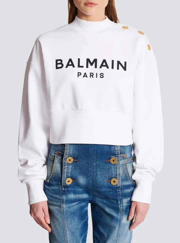 Cropped Sweatshirt With Paris Print White Women Balmain Sweatshirts