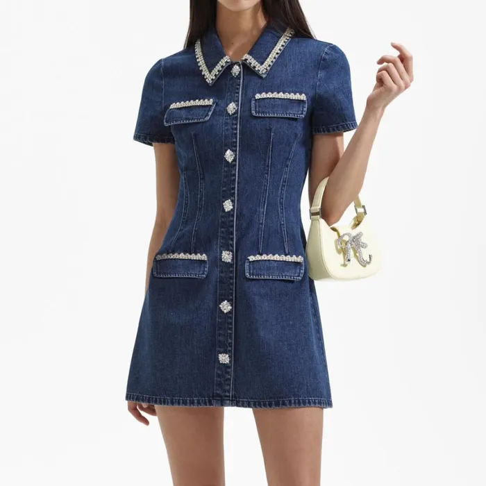 Denim Collared Mini Dress Women Self Portrait Dresses