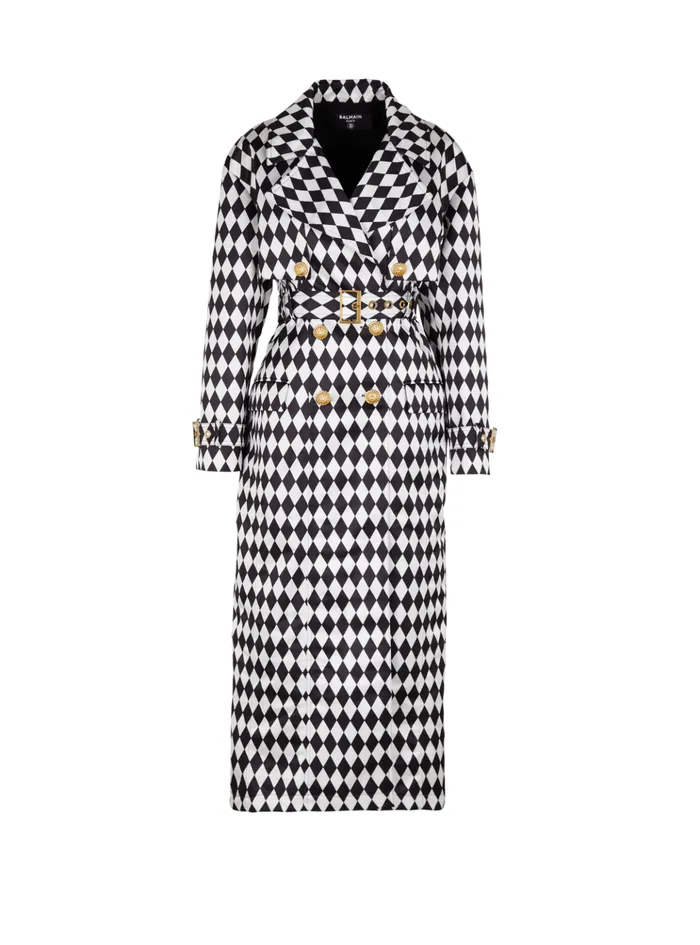 Diamond Print Belted Trench Coat Black Women Balmain Outerwear