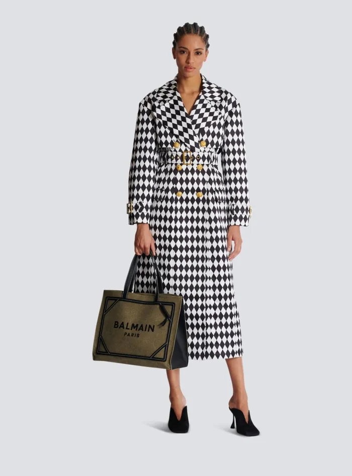 Diamond Print Belted Trench Coat Black Women Balmain Outerwear