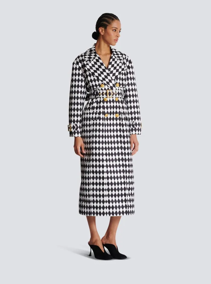 Diamond Print Belted Trench Coat Black Women Balmain Outerwear