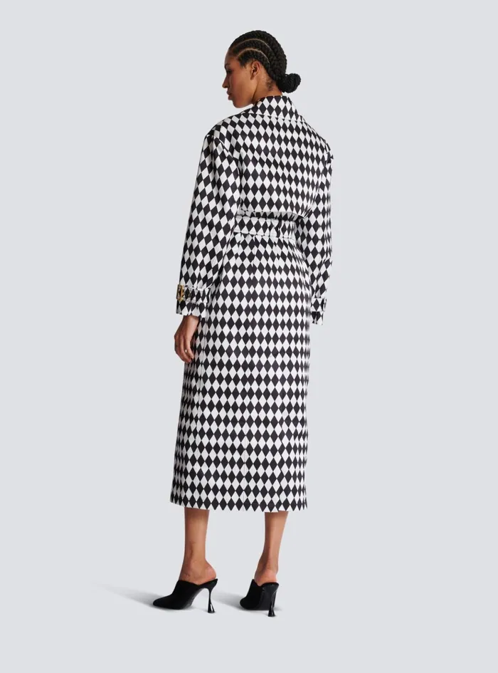 Diamond Print Belted Trench Coat Black Women Balmain Outerwear