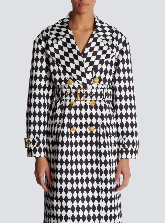 Diamond Print Belted Trench Coat Black Women Balmain Outerwear