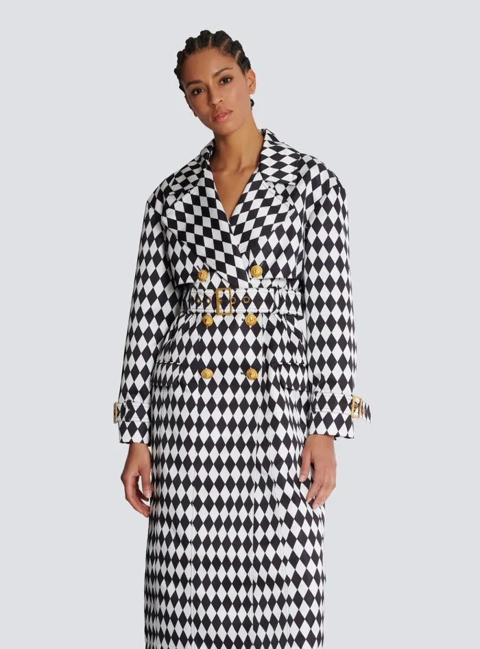 Diamond Print Belted Trench Coat Black Women Balmain Outerwear