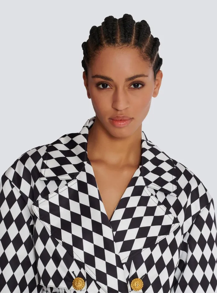 Diamond Print Belted Trench Coat Black Women Balmain Outerwear