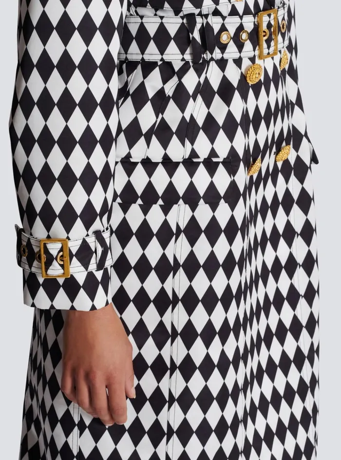 Diamond Print Belted Trench Coat Black Women Balmain Outerwear