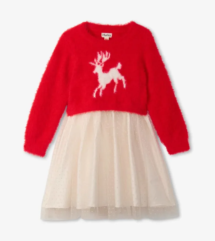 Dresses Girls Hatley Girls Holiday Deer Mix Media Dress