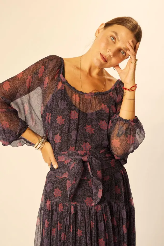 Dresses Shop Natalie Martin LAINEY DRESS WITH SASH Snowflake Aubergine