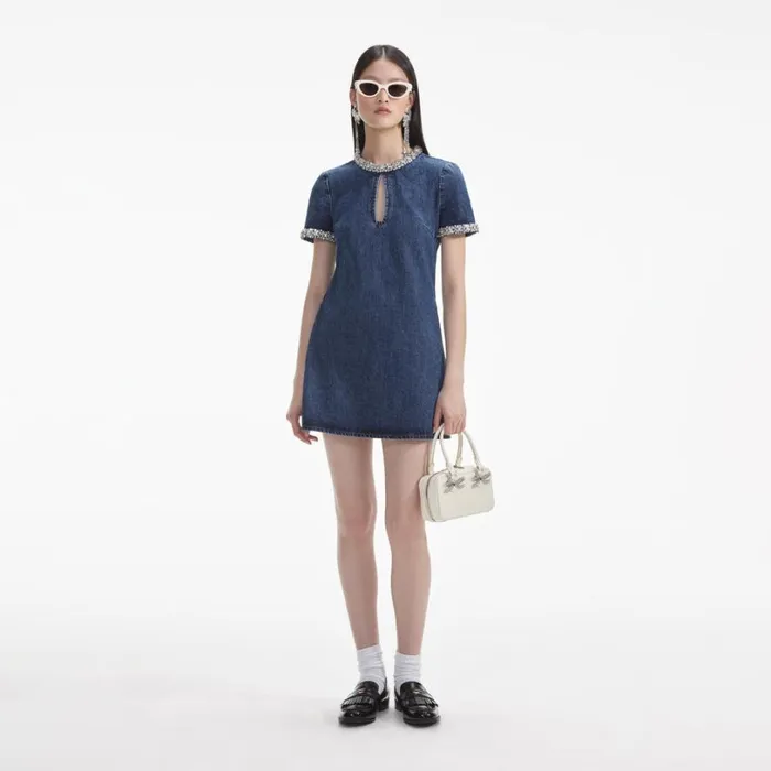 Embellished Denim Mini Dress Women Self Portrait Dresses