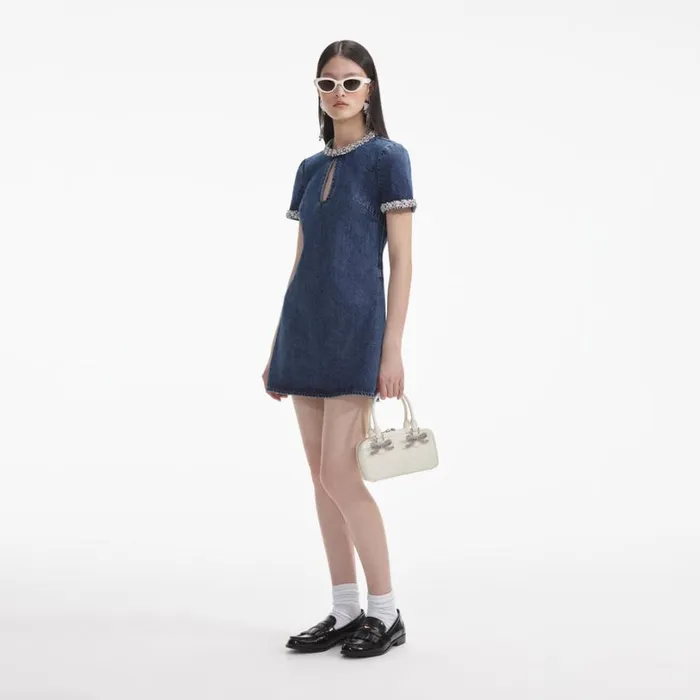 Embellished Denim Mini Dress Women Self Portrait Dresses Embellished Denim Mini Dress Women Self Portrait Dresses