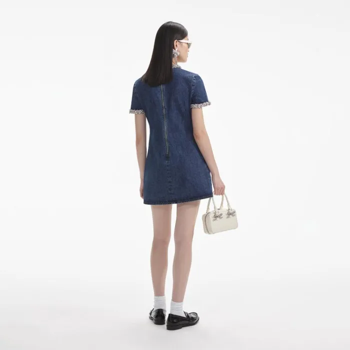 Embellished Denim Mini Dress Women Self Portrait Dresses Embellished Denim Mini Dress Women Self Portrait Dresses