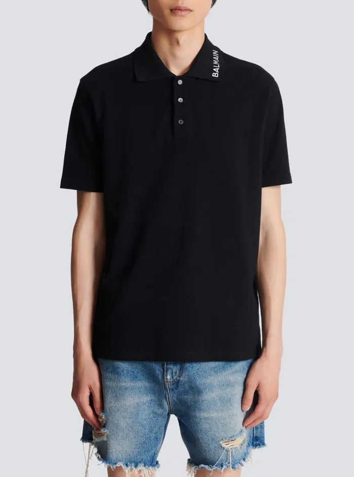 Embroidered Polo Shirt Black Men Balmain Shirts And Polos