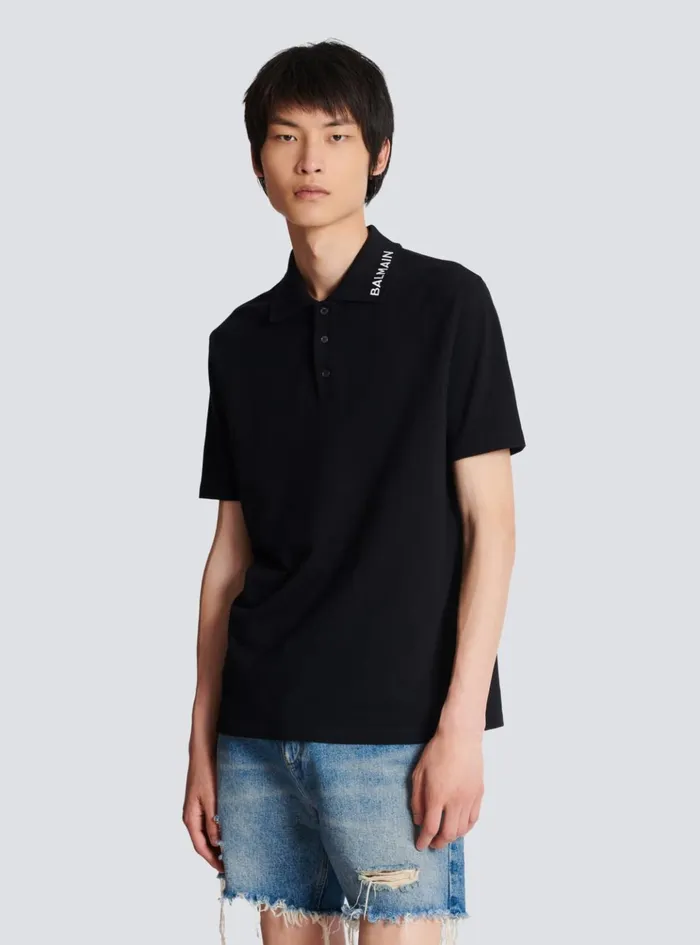 Embroidered Polo Shirt Black Men Balmain Shirts And Polos