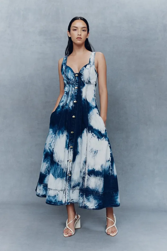 Enigma Denim Midi Dress Tie Dye Indigo Women Aje Denim