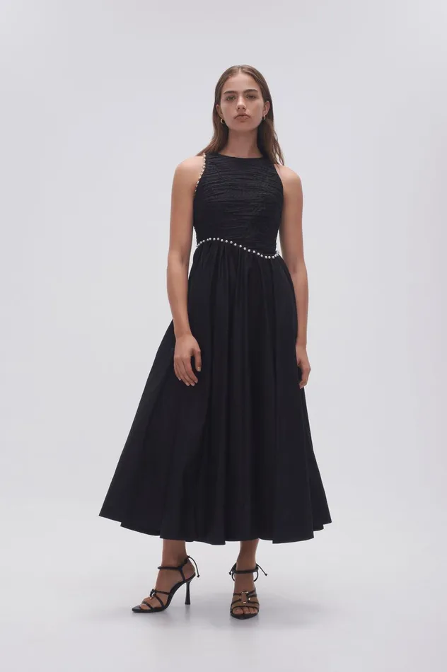 Florence Pearl Trim Midi Dress Black Women Aje Midi Dresses