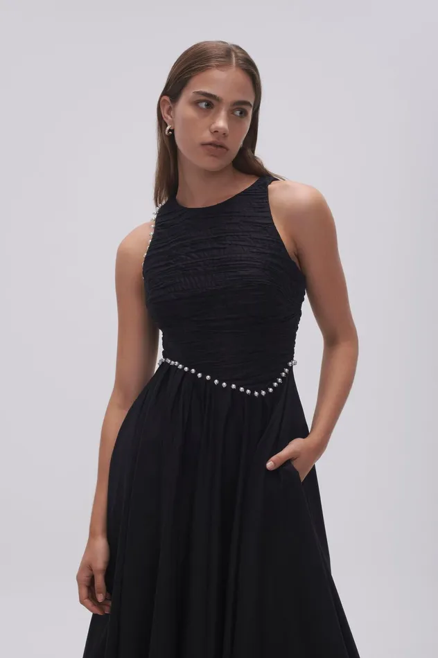 Florence Pearl Trim Midi Dress Black Women Aje Midi Dresses
