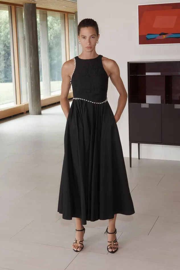 Florence Pearl Trim Midi Dress Black Women Aje Midi Dresses