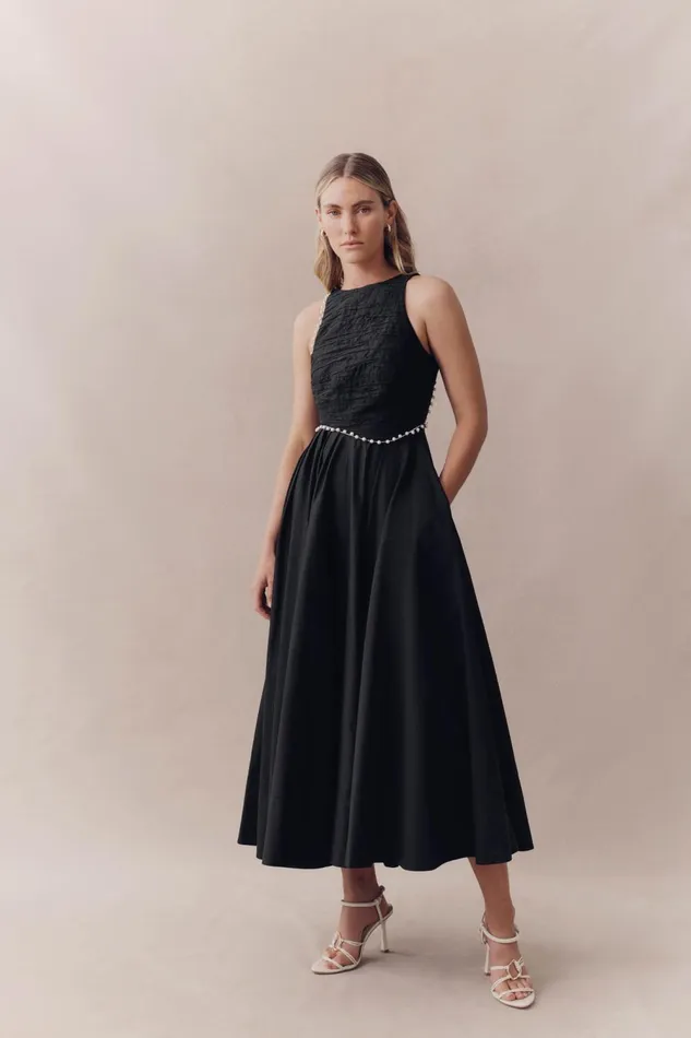 Florence Pearl Trim Midi Dress Black Women Aje Midi Dresses