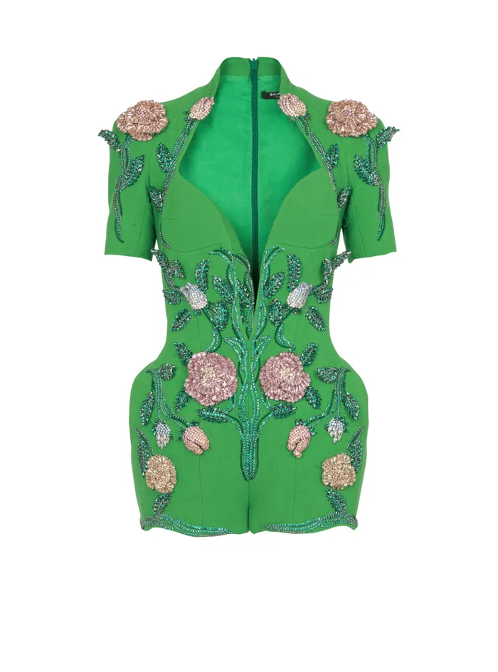 Flowerembroidered Playsuit Green Women Balmain Trousers And Shorts