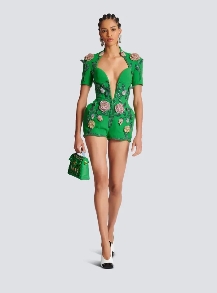 Flowerembroidered Playsuit Green Women Balmain Trousers And Shorts
