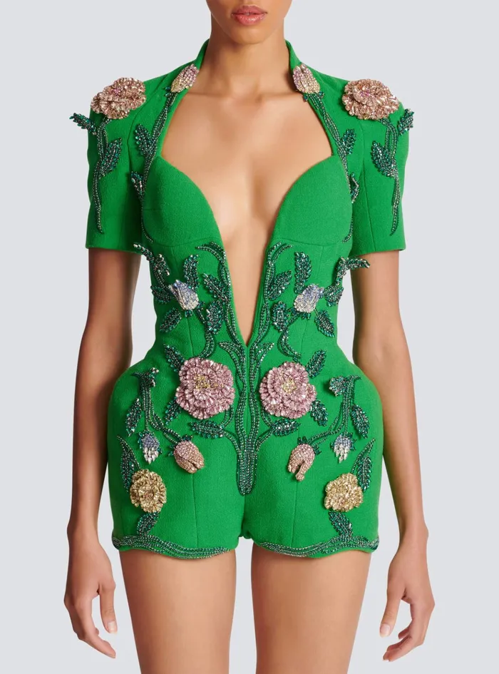 Flowerembroidered Playsuit Green Women Balmain Trousers And Shorts