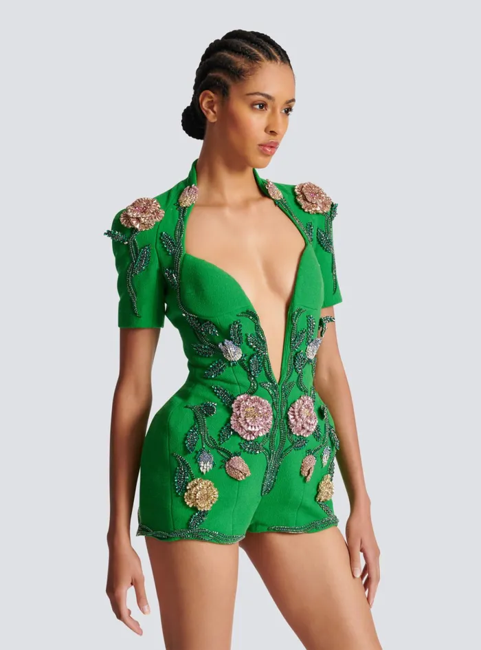 Flowerembroidered Playsuit Green Women Balmain Trousers And Shorts