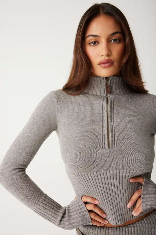 Frankies Bikinis Cloud Knits Women Maverick Cloud Knit Half Zip Sweater Dark Pearl