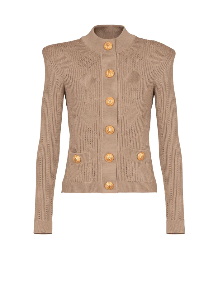 Gingham Openwork Knit Cardigan Beige Women Balmain Knitwear
