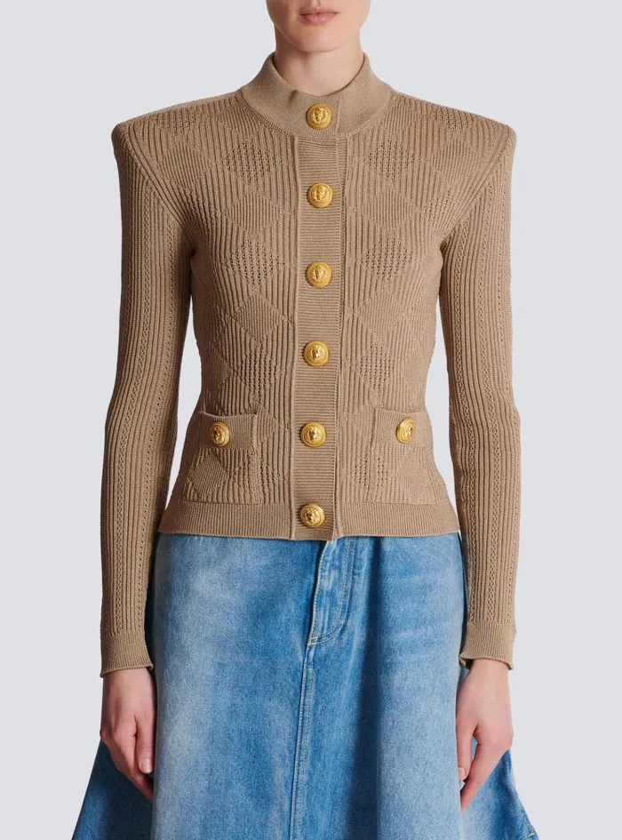 Gingham Openwork Knit Cardigan Beige Women Balmain Knitwear