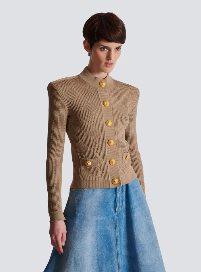 Gingham Openwork Knit Cardigan Beige Women Balmain Knitwear