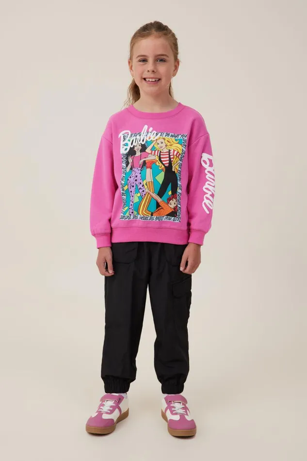 Girls 214 Sweatshirts and Sweatpants Cotton On License Dusty Fleece Crew Neck Lcn Mat Barbie You Loveraspberry Pink