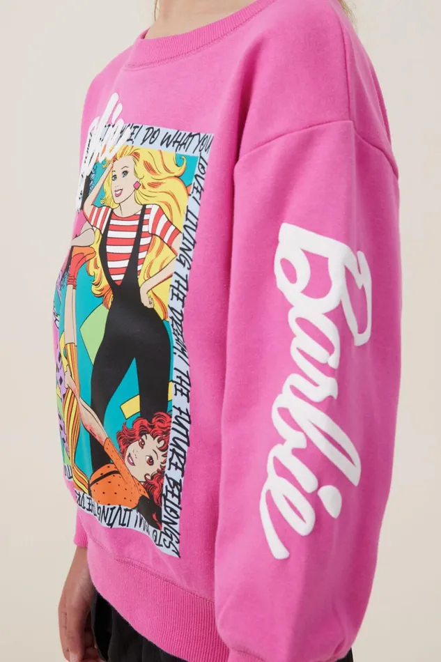 Girls 214 Sweatshirts and Sweatpants Cotton On License Dusty Fleece Crew Neck Lcn Mat Barbie You Loveraspberry Pink