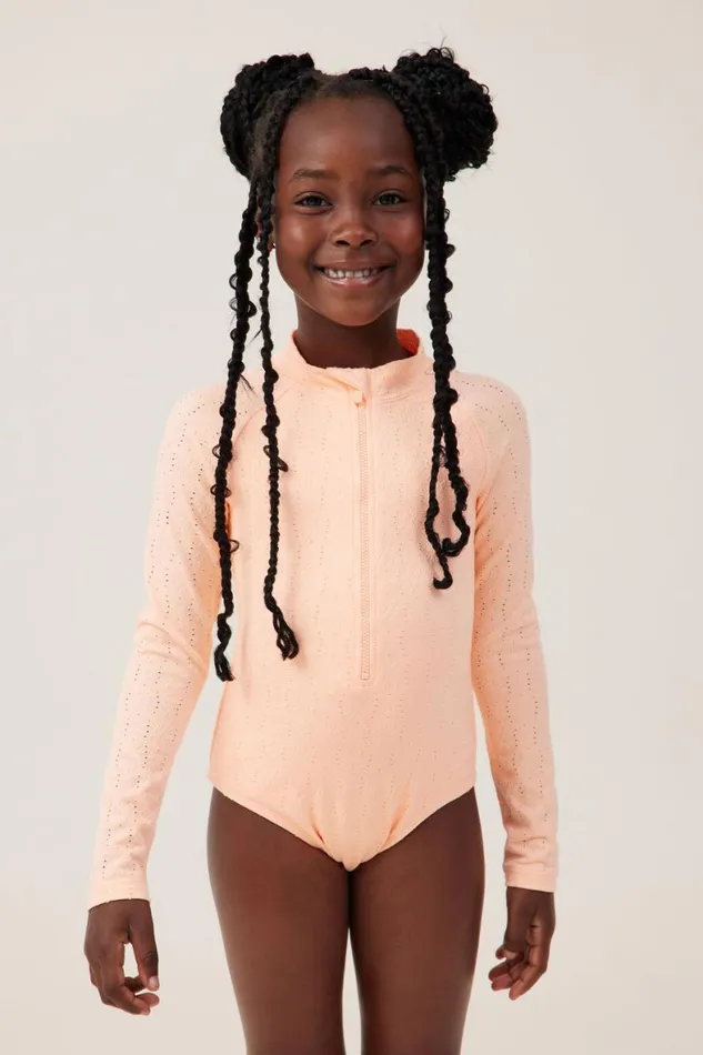 Girls 214 Swimwear Cotton On Lydia One Piece Tropical Orange Broderie