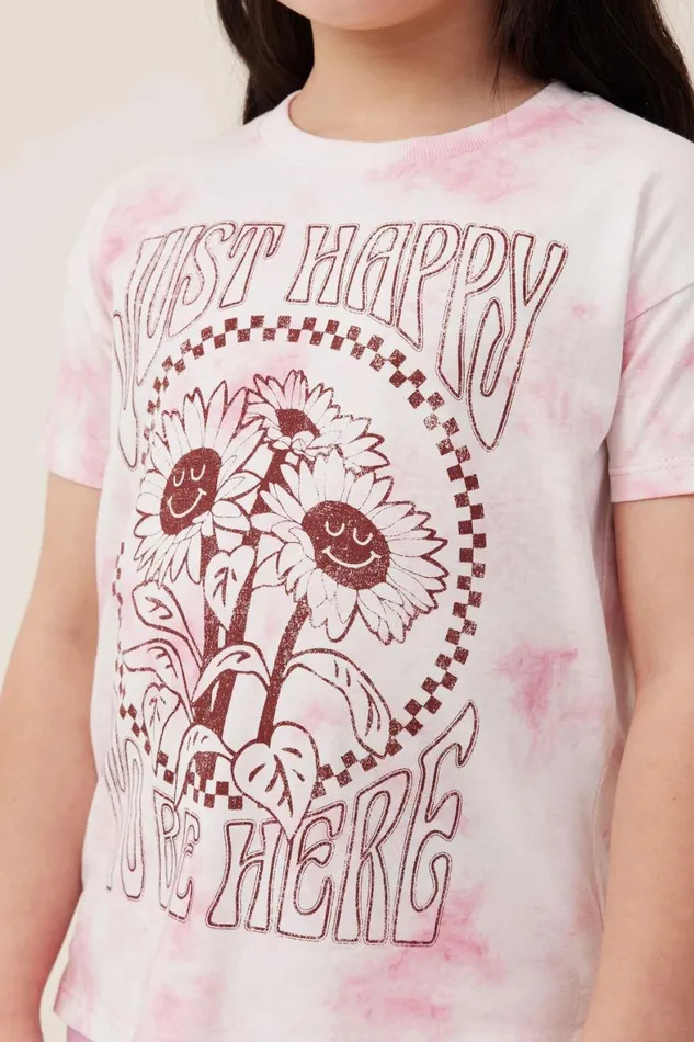 Girls 214 Tops and TShirts Cotton On Poppy Short Sleeve Print Tee Marshmallow Tie Dyejust Happy To Be Here