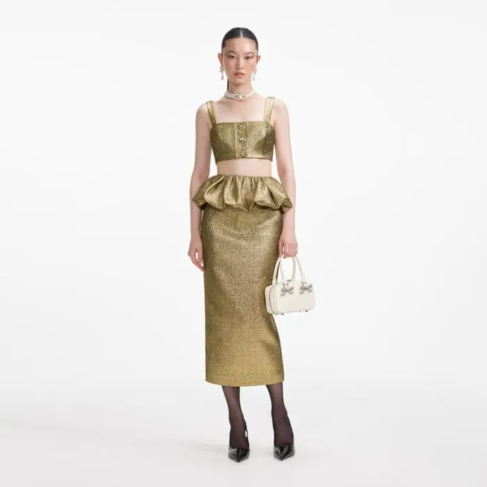 Gold Metallic Jacquard Midi Skirt Women Self Portrait Bottoms