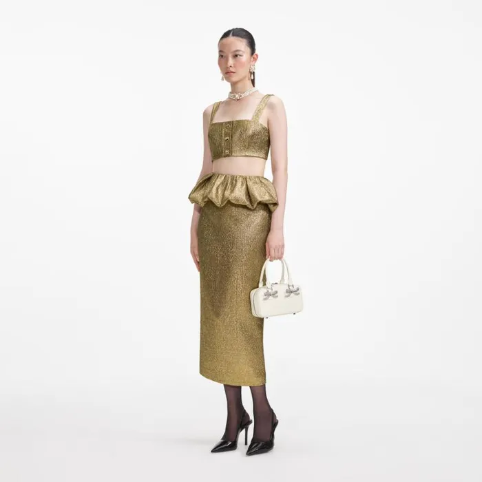 Gold Metallic Jacquard Midi Skirt Women Self Portrait Bottoms