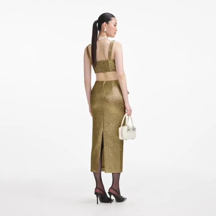 Gold Metallic Jacquard Midi Skirt Women Self Portrait Bottoms