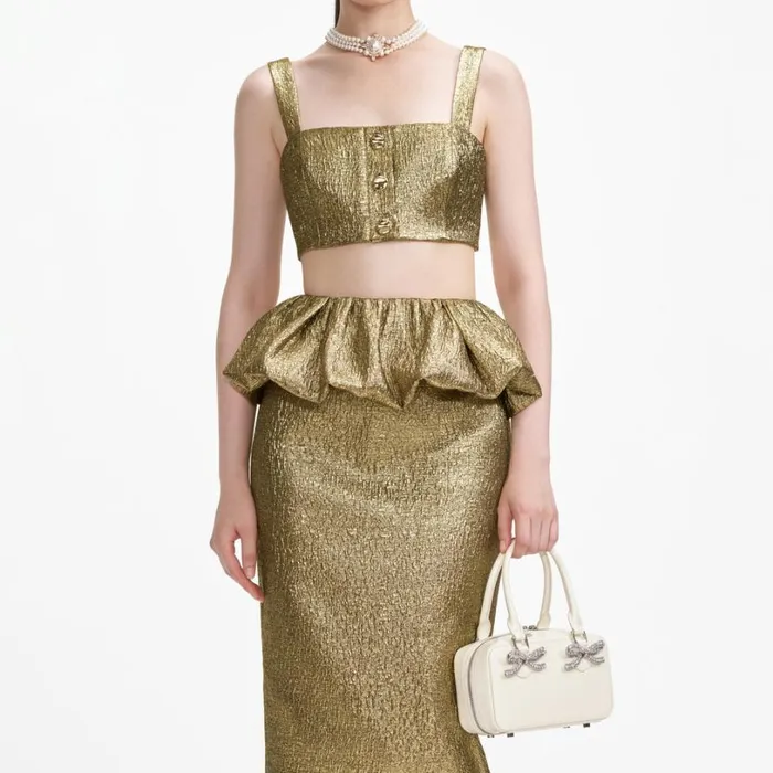 Gold Metallic Jacquard Midi Skirt Women Self Portrait Bottoms