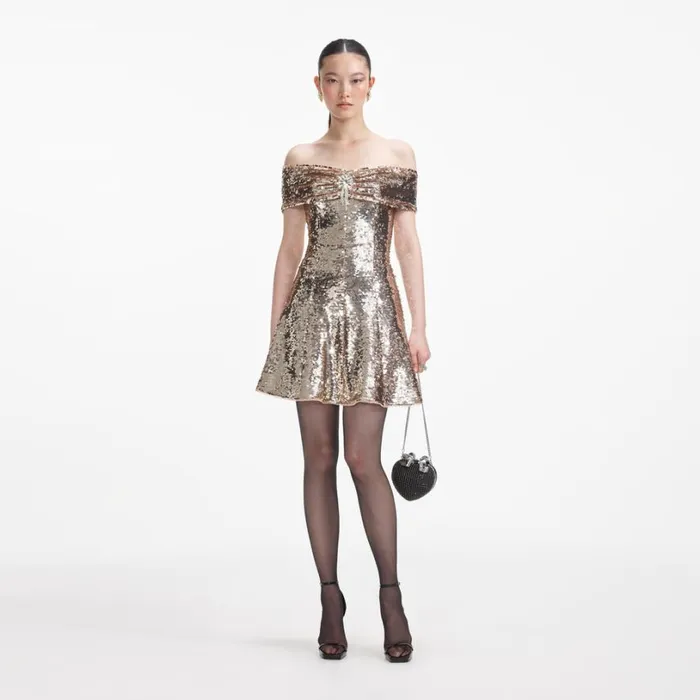 Gold Sequin Off Shoulder Mini Dress Women Self Portrait Dresses