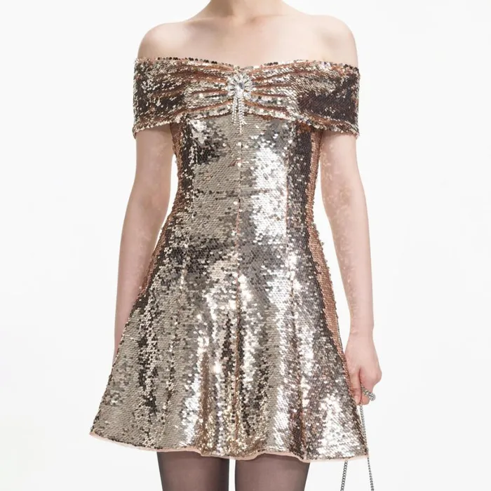 Gold Sequin Off Shoulder Mini Dress Women Self Portrait Dresses Gold Sequin Off Shoulder Mini Dress Women Self Portrait Dresses