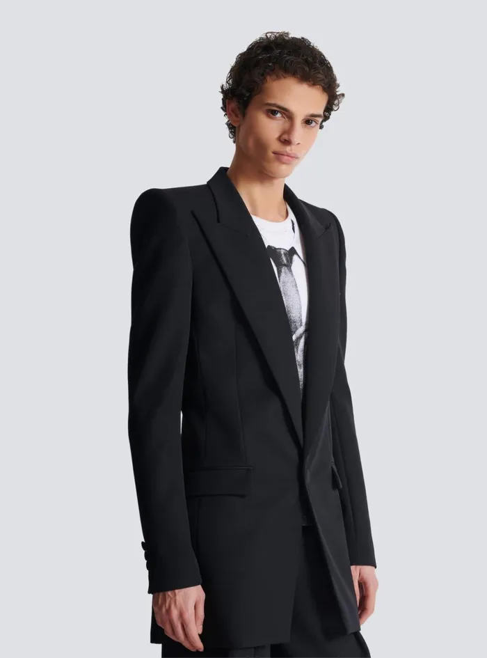 Grain De Poudre 1button Jacket With Shoulder Pads Black Men Balmain Jackets And Blazers