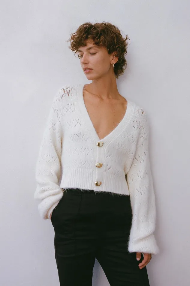 Grooves Lace Stitch Cardigan Ivory Women Aje Knitwear 038 Jumpers