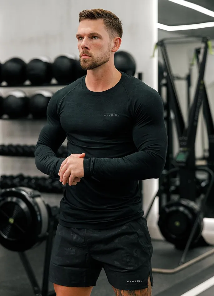 Gym King Gymwear Men Debossed Camo Seamless LS Tee 8211 Black