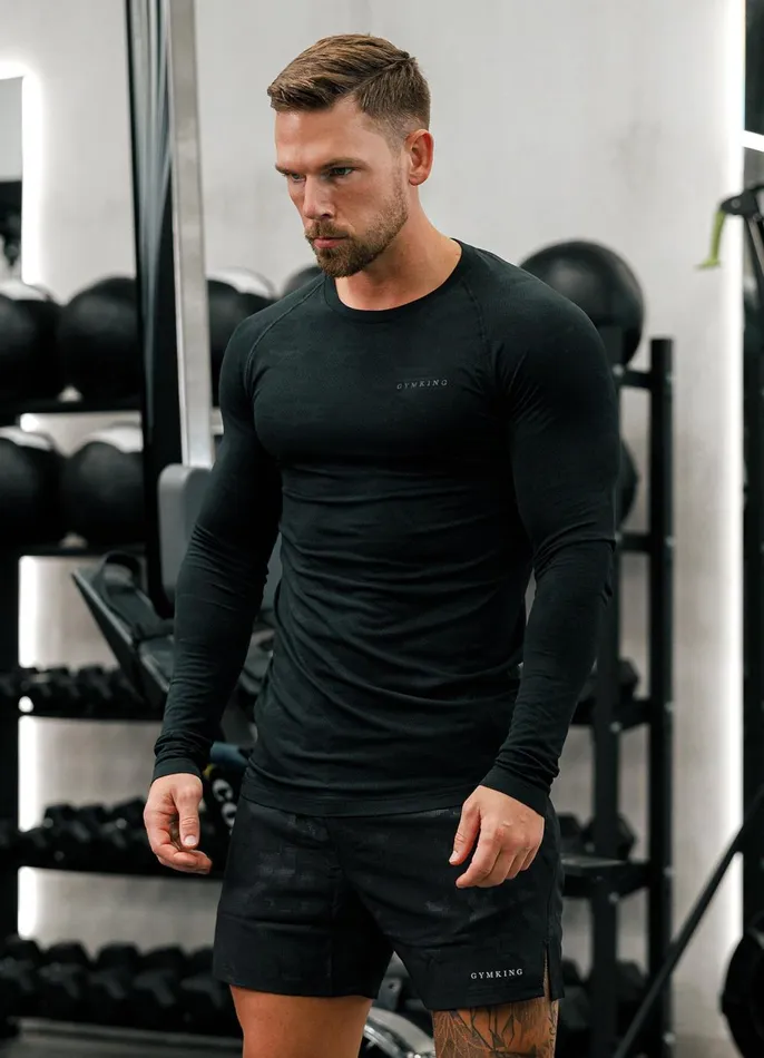 Gym King Gymwear Men Debossed Camo Seamless LS Tee 8211 Black