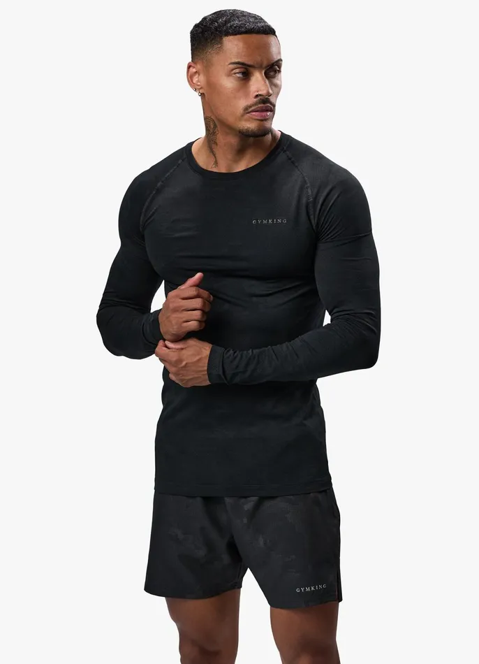 Gym King Gymwear Men Debossed Camo Seamless LS Tee 8211 Black
