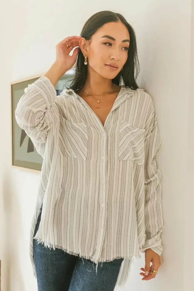 Holly Striped Button Up Grey Women Bohme Tops