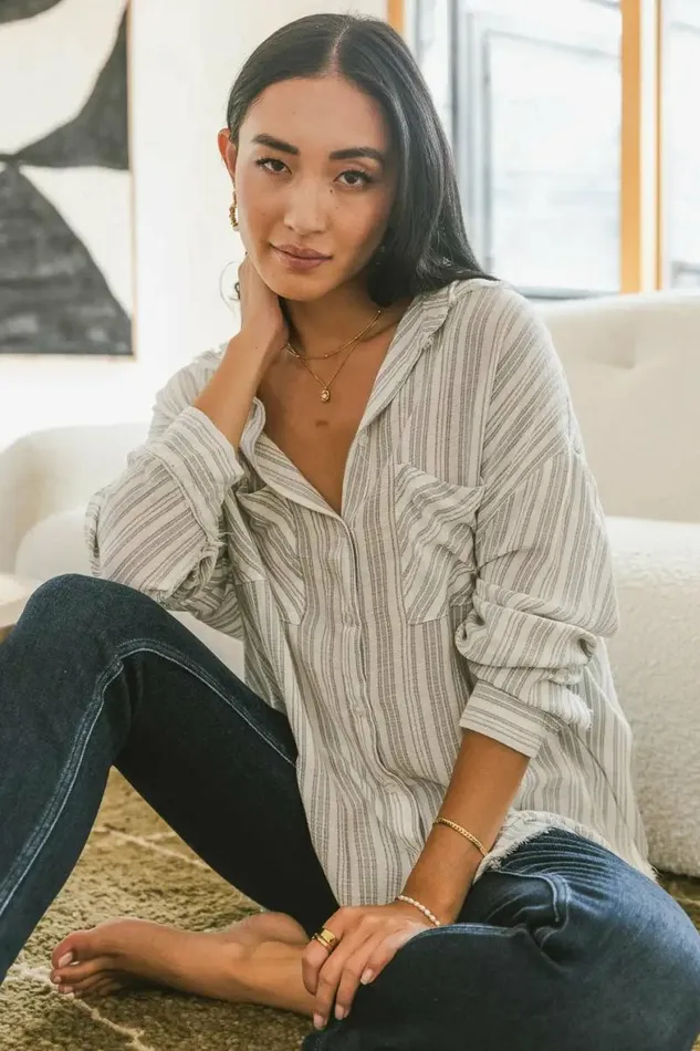 Holly Striped Button Up Grey Women Bohme Tops