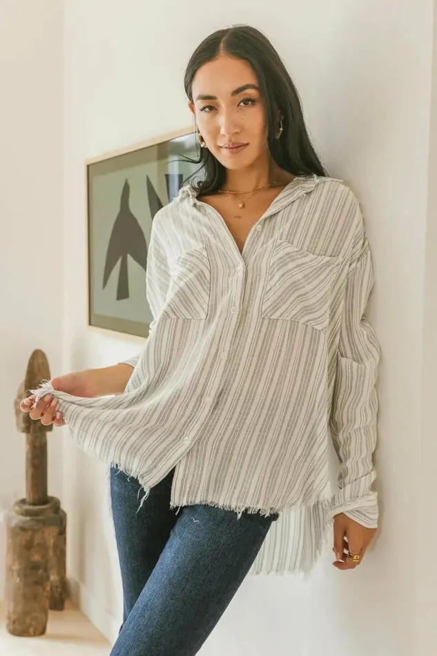 Holly Striped Button Up Grey Women Bohme Tops